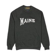 Load image into Gallery viewer, Milo in Maine heather green sweatshirt with &#39;MAINE&#39; printed on it with white ink