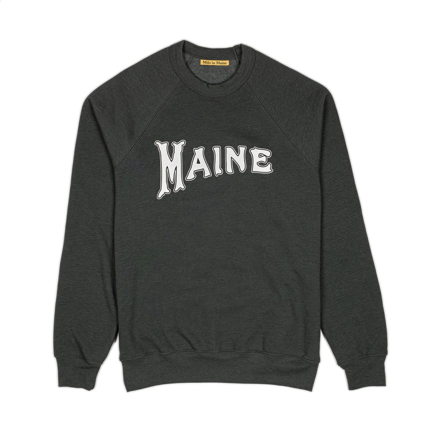 Milo in Maine heather green sweatshirt with 'MAINE' printed on it with white ink