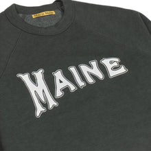Load image into Gallery viewer, Milo in Maine heather green sweatshirt with &#39;MAINE&#39; printed on it with white ink