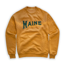 Load image into Gallery viewer, Milo in Maine mustard sweatshirt with &#39;MAINE&#39; printed on it with dark green ink