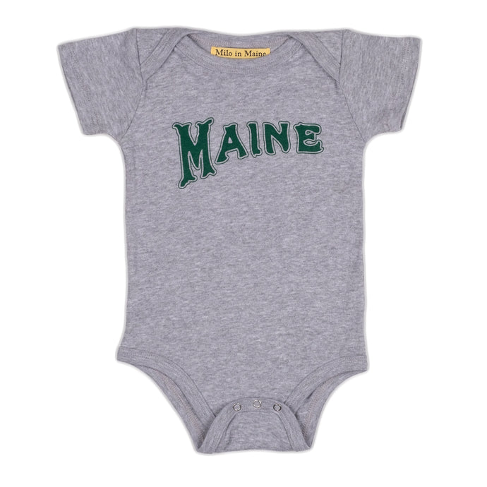 Heather Gray Baby Onesie with Dark Green Maine Print
